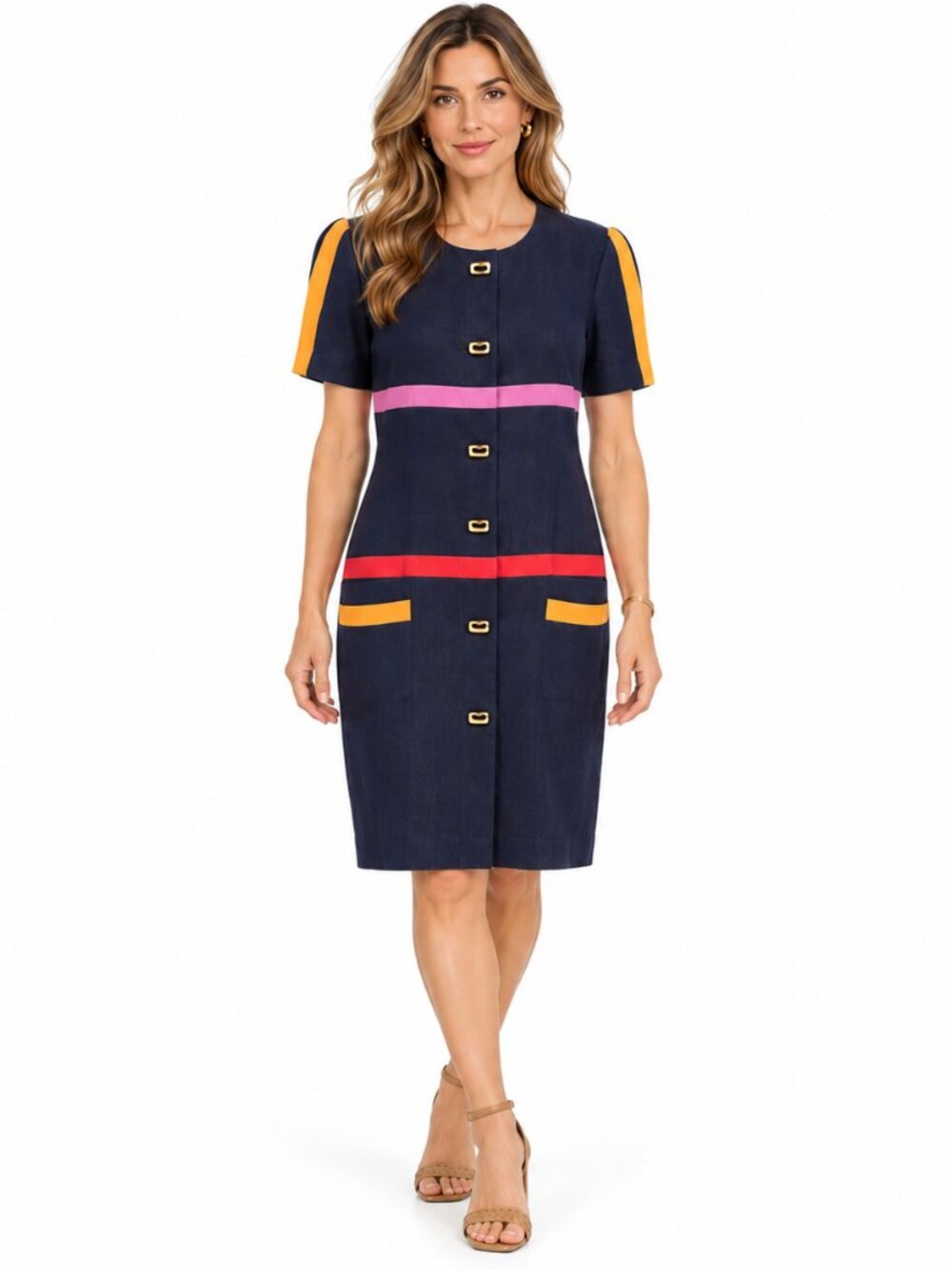 David Warren Shift Dress 12 Navy Vintage 90s Colorblock Mod Linen Blend Nautical